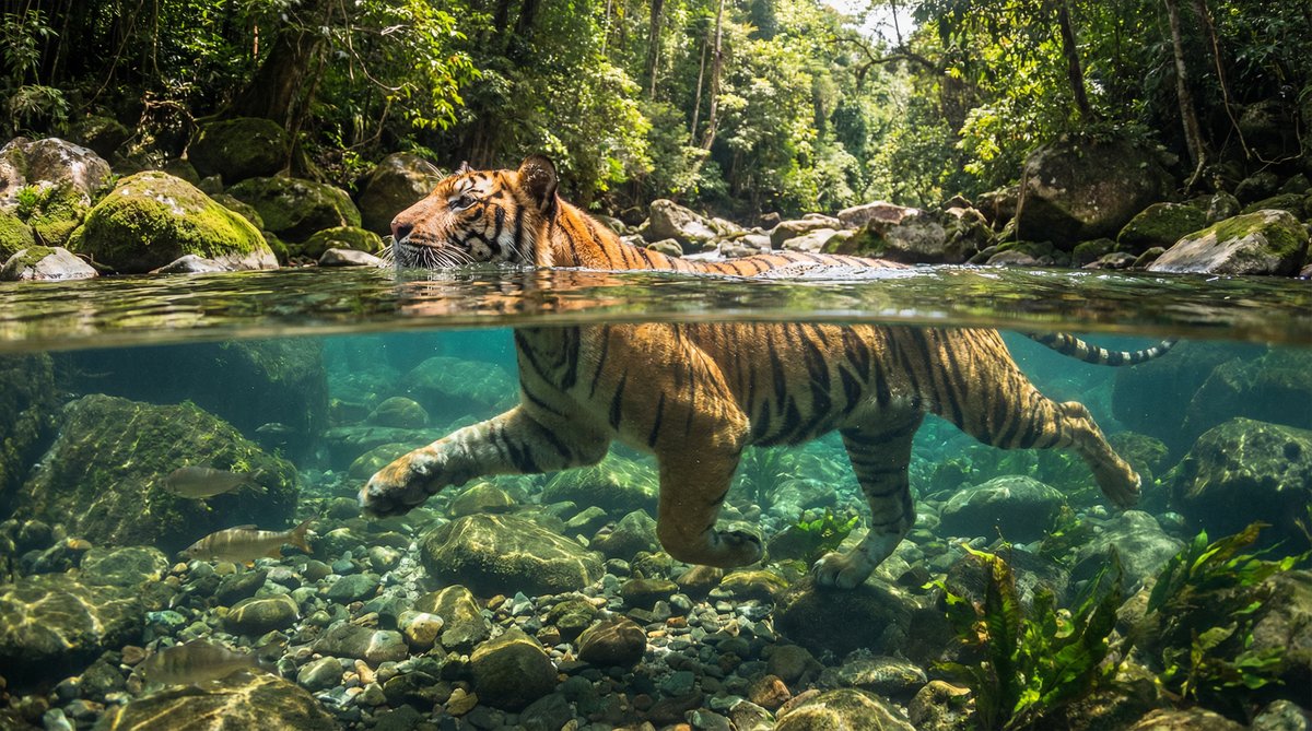 户外露出老虎游泳视频